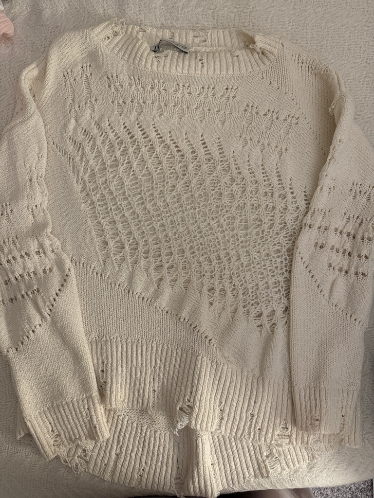 Zara Cream Open-Knit Distressed Crew Sweater
